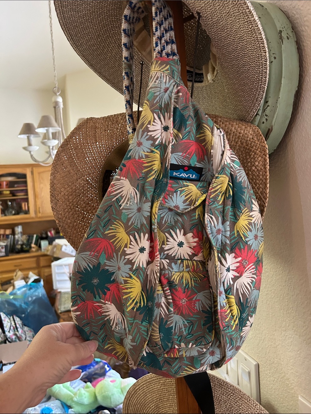 Kavu Kids Floral Sling Bag in Teal, Red, Yellow, Cream